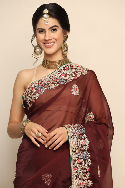 Ethereal Beauty: Wine Color Organza Saree with Flower and Peacock Motif