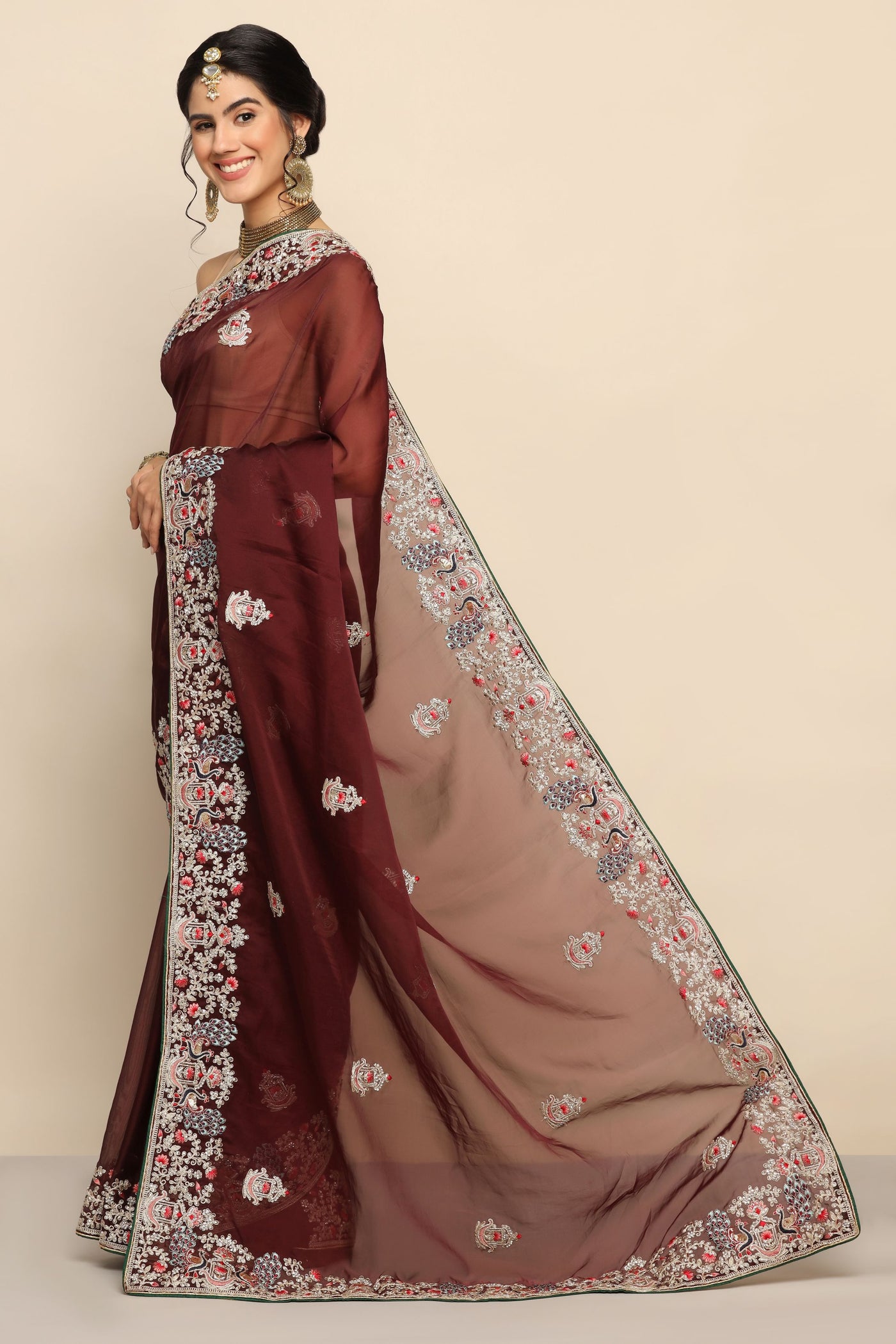 Ethereal Beauty: Wine Color Organza Saree with Flower and Peacock Motif