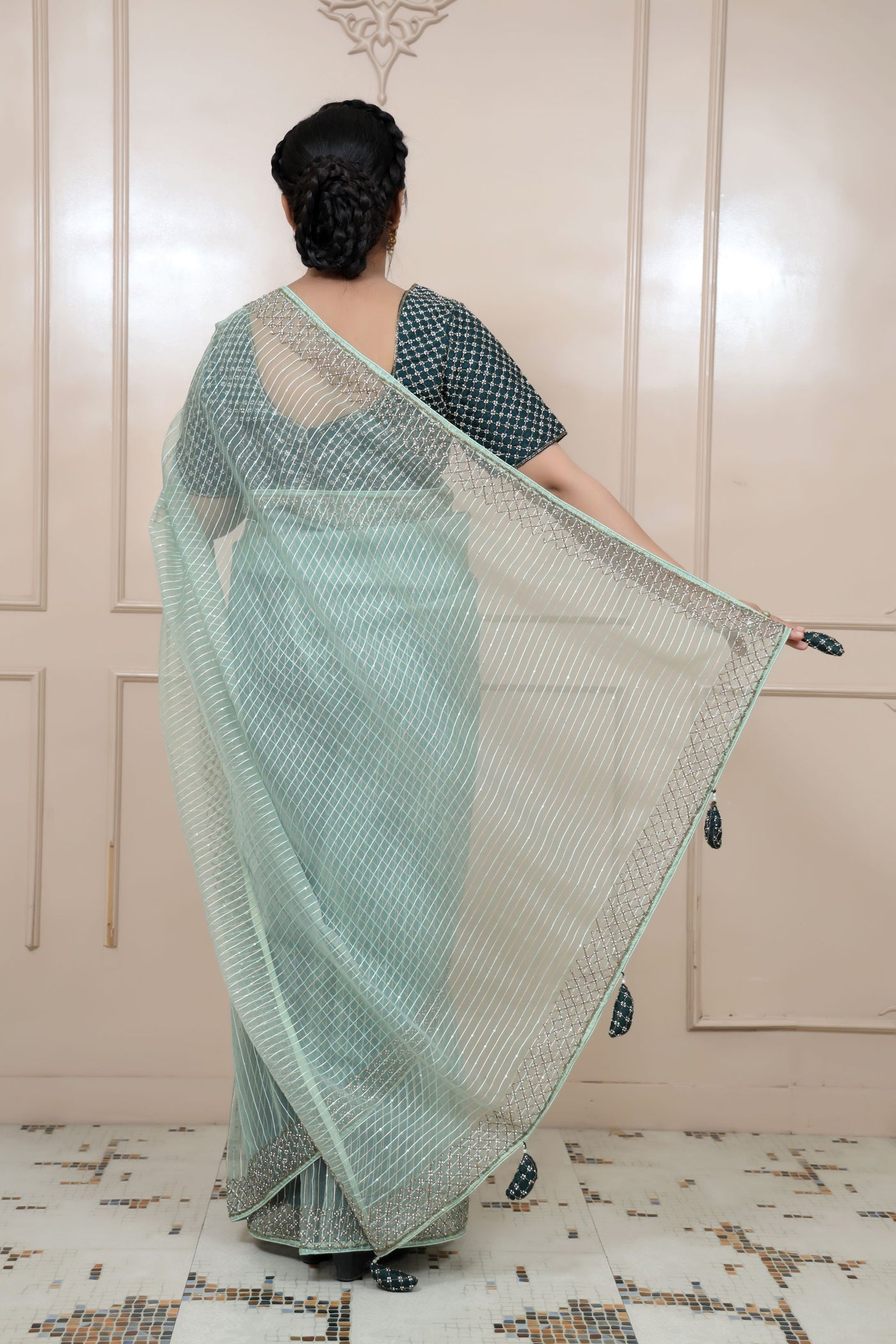 Classy aqua color geometrical motif embroidered saree