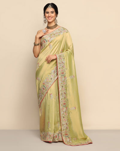 Enchanting Green Organza Saree with Flower Motif and Embellishments