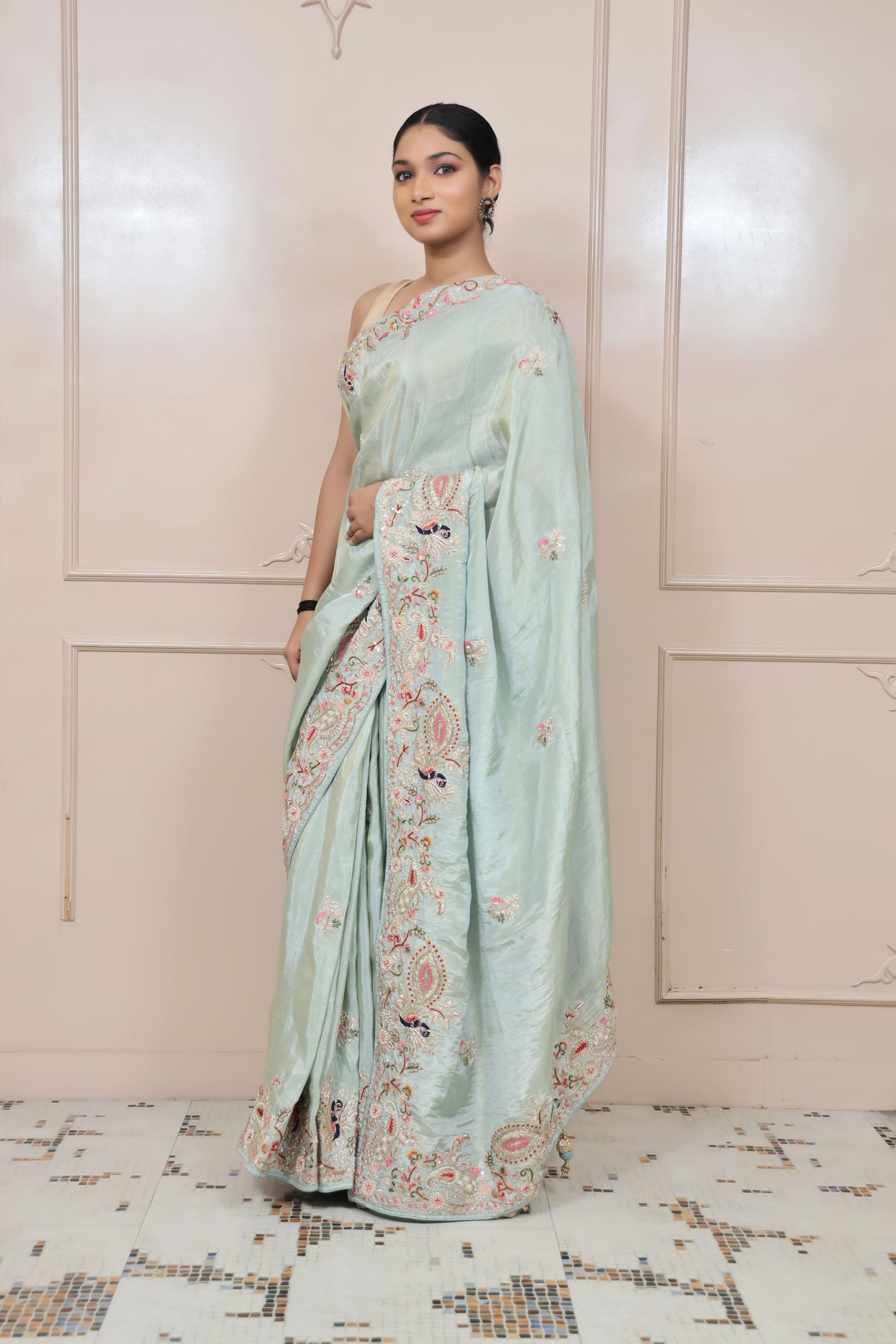 beautiful sky blue color floral motif embroidered saree
