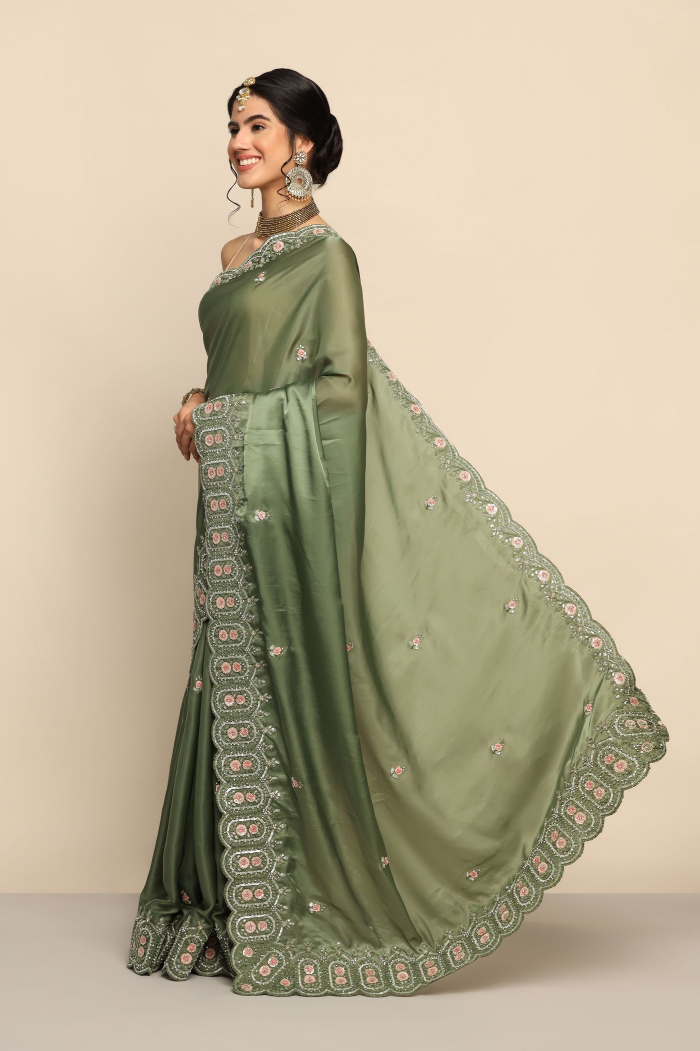 Radiant Green Satin Saree with Sequins and Thread Work