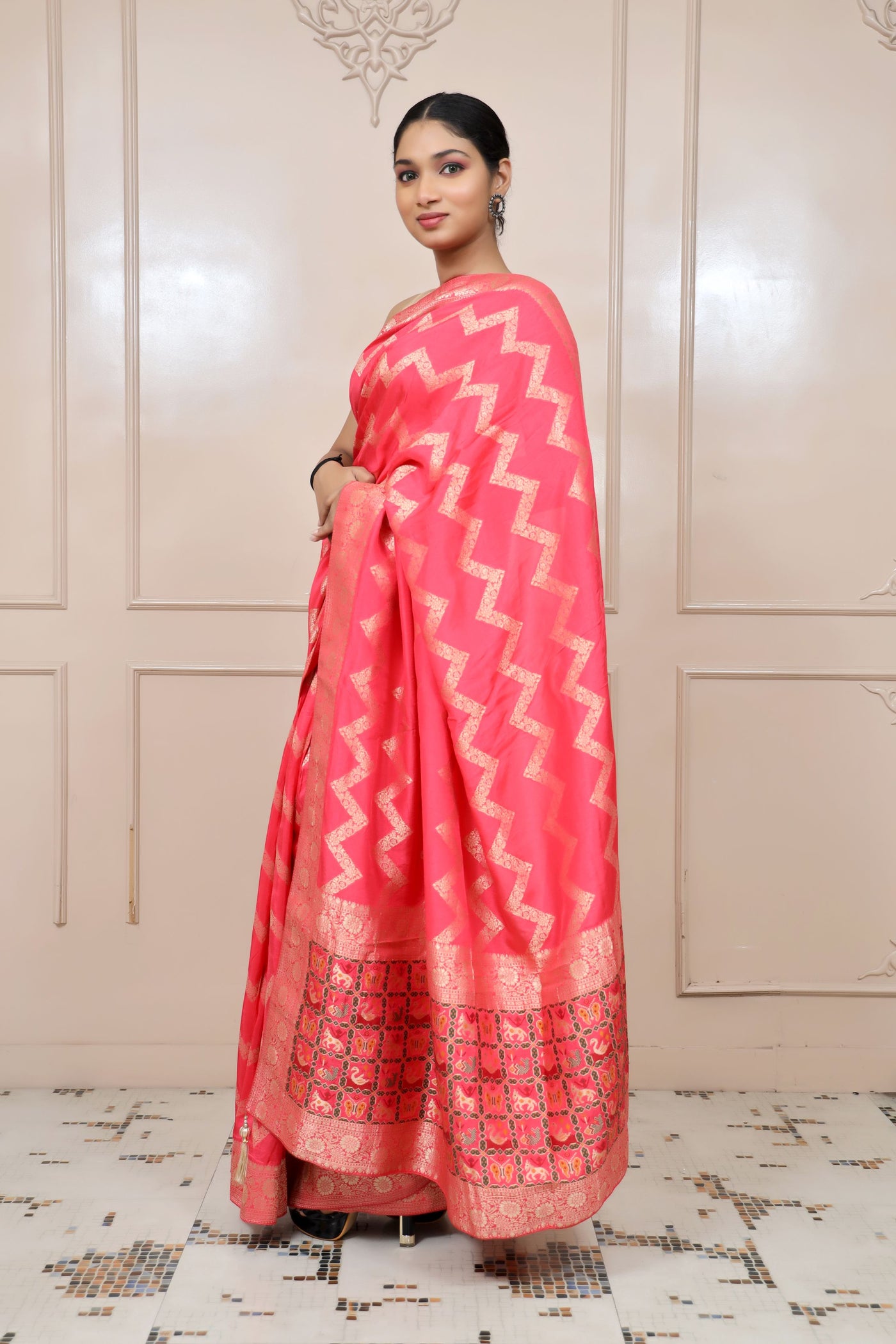 beautiful peach color floral motif embroidered saree