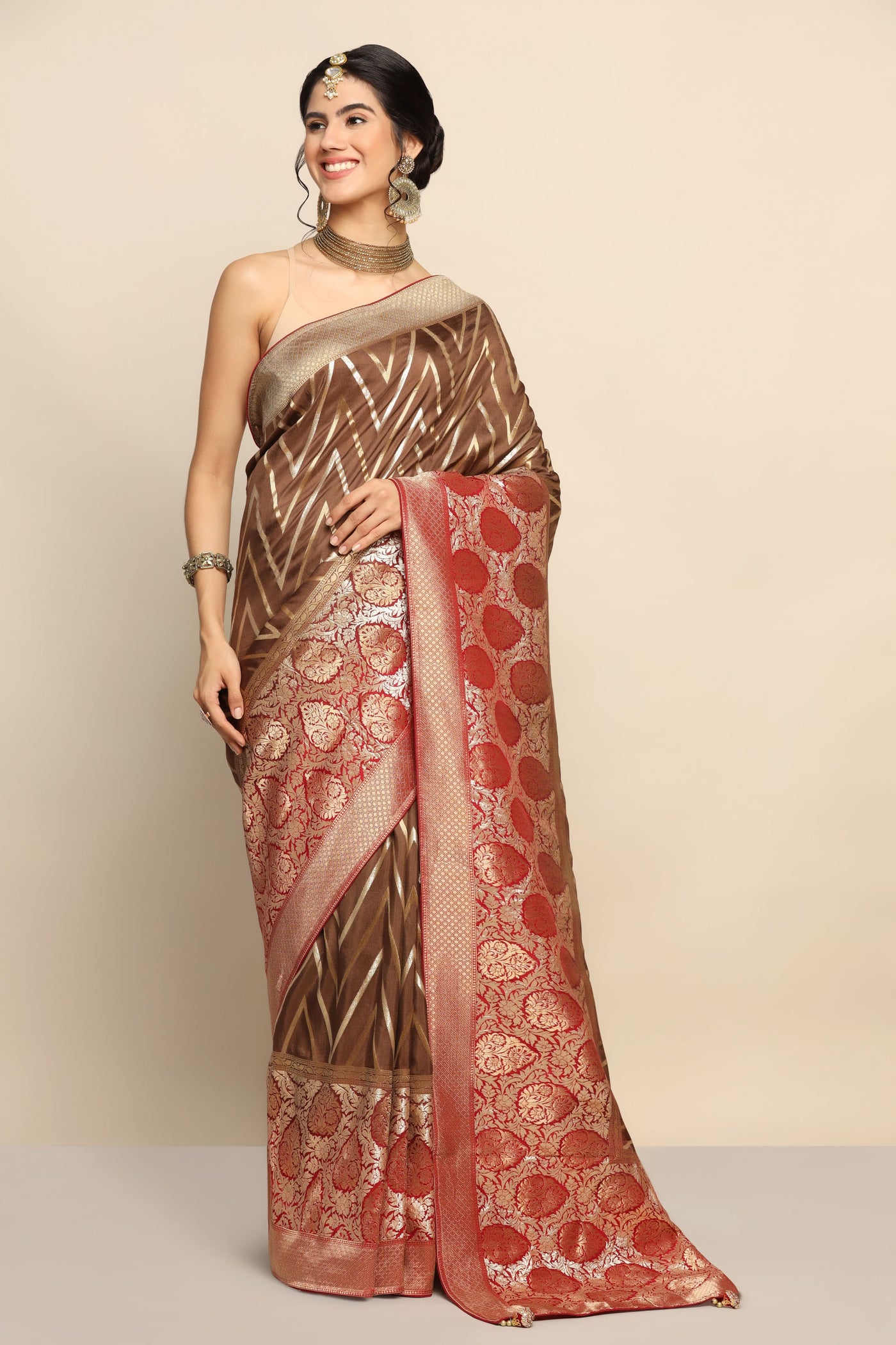 Sophisticated Charm: Brown Silk Saree with Geometrical Motif and Zari Embellishments