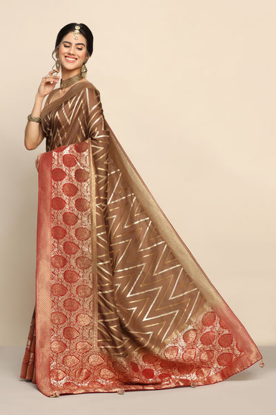 Sophisticated Charm: Brown Silk Saree with Geometrical Motif and Zari Embellishments