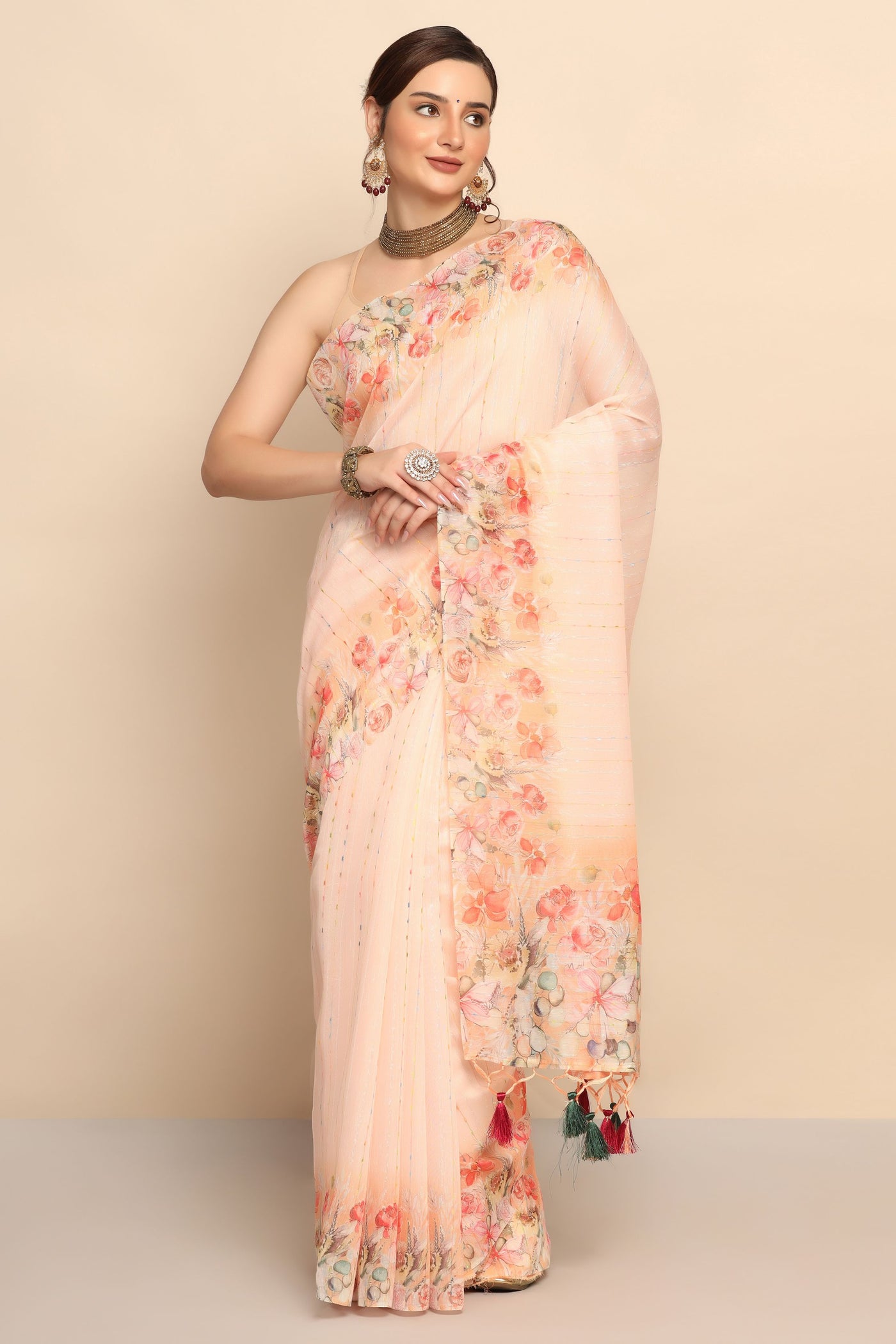 Elegant Peach Color Silk Blend Saree with Intricate Thread Work and Floral Motif
