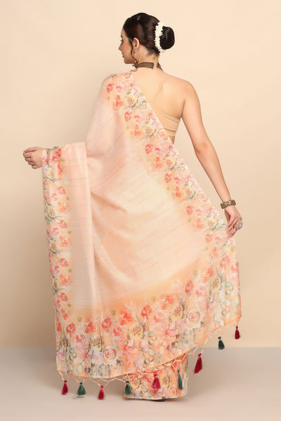 Elegant Peach Color Silk Blend Saree with Intricate Thread Work and Floral Motif