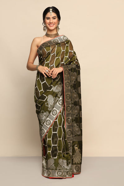 Stunning Green and Brown Silk Saree with Sparkling Sequins and Intricate Thread Work