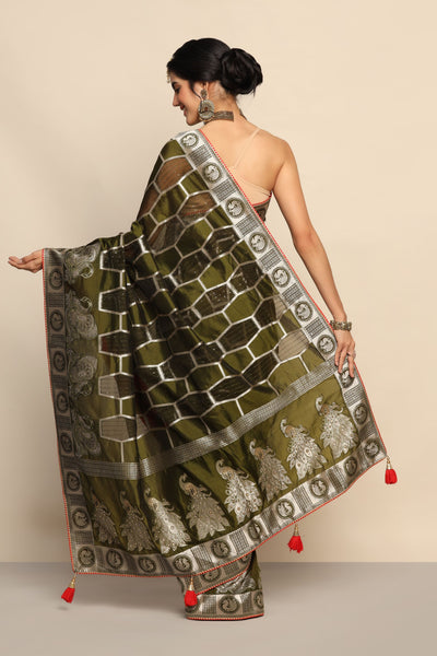 Stunning Green and Brown Silk Saree with Sparkling Sequins and Intricate Thread Work