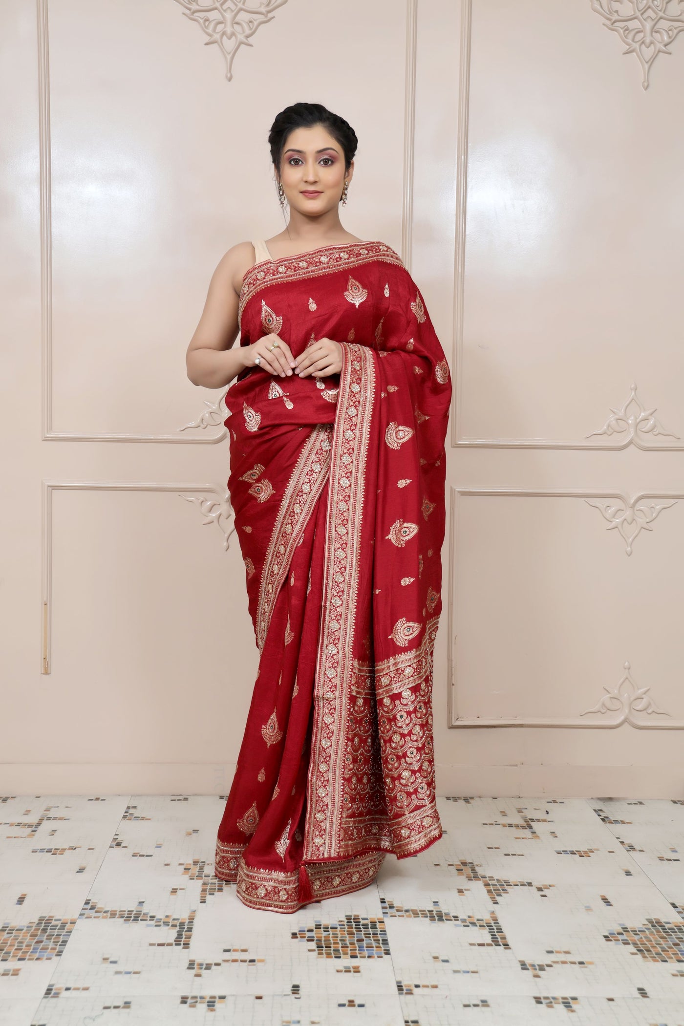 beautiful red color floral motif embroidered saree