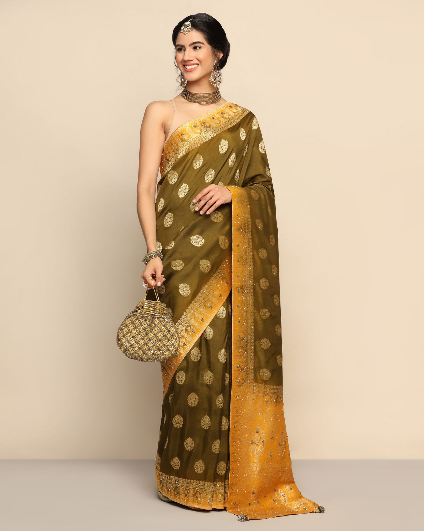 Captivating Olive Green and Mustard Silk Saree with Thread Work and Sequins