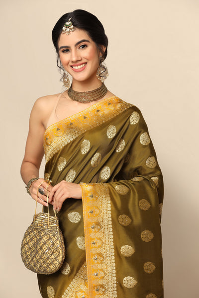 Captivating Olive Green and Mustard Silk Saree with Thread Work and Sequins