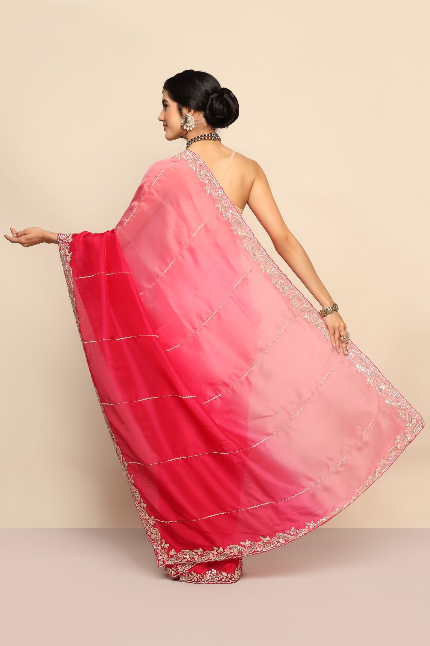Dark Pink Satin Saree | Exquisite Moti Cut Dana, Gota, and Sequins Work