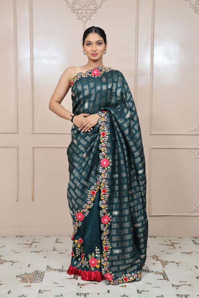 classy bottle blue 3D floral motif embroidered saree