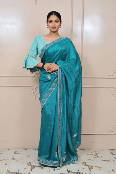beautiful teal blue color saree