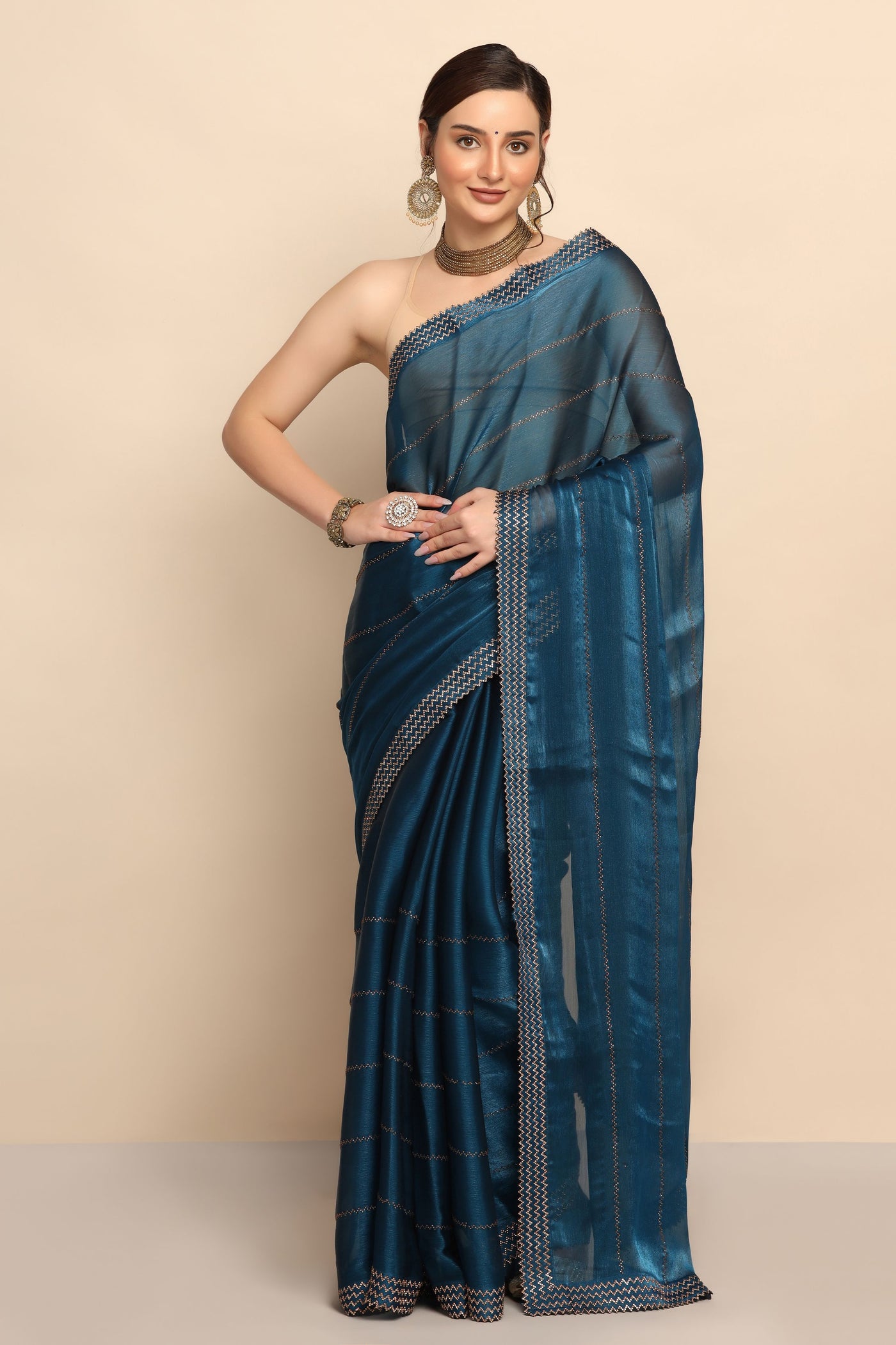 Royal Blue Silk Blend Saree with Sequins - Enchanting Elegance