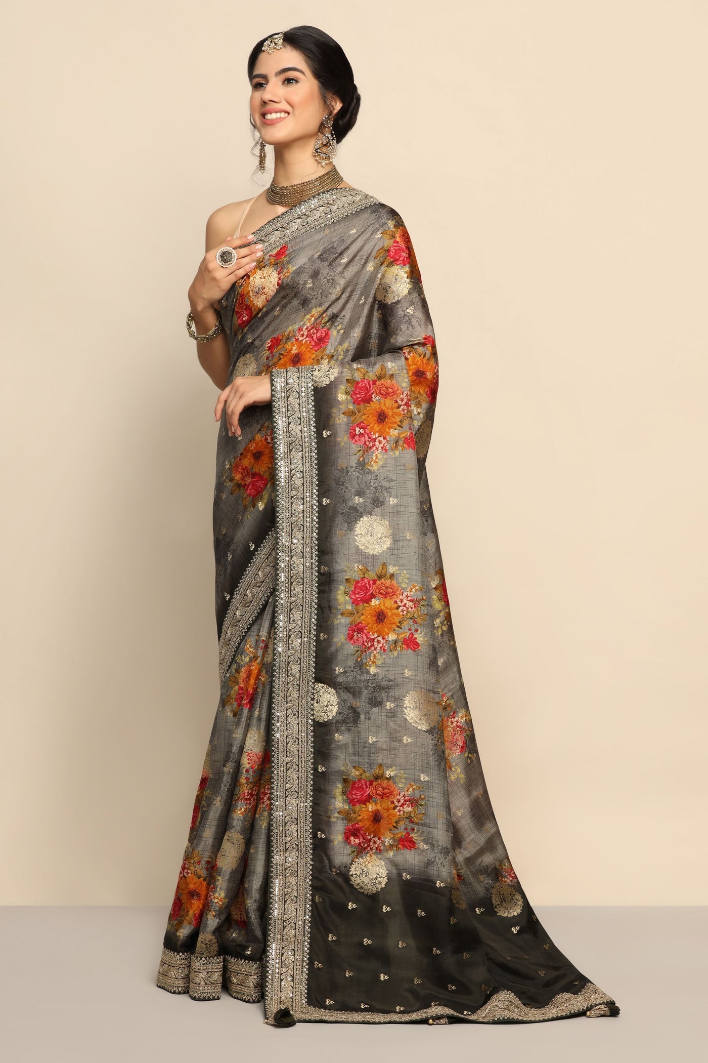 Stylish Grey Floral Print Saree with Sequins, Zari, and Wide Border