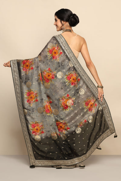Stylish Grey Floral Print Saree with Sequins, Zari, and Wide Border