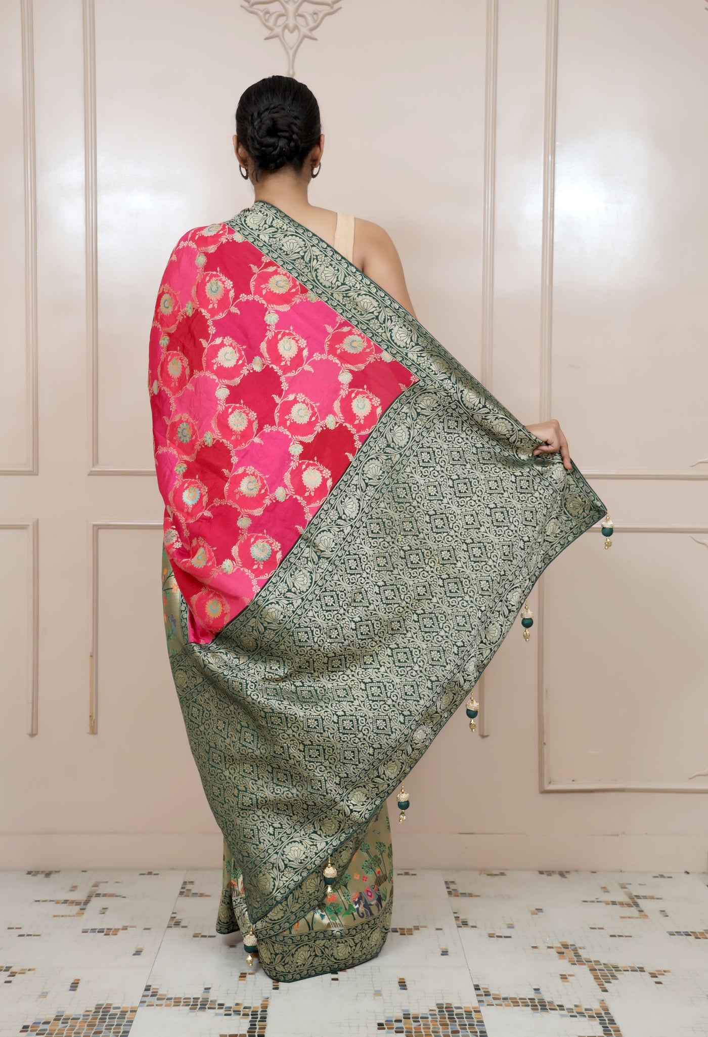 classy dark pink color floral motif handwoven saree
