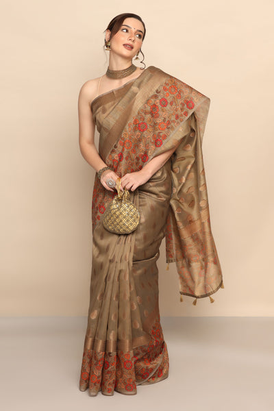 Eternal Bloom: Shine Brown Color Silk Saree with Floral Motif and Zari