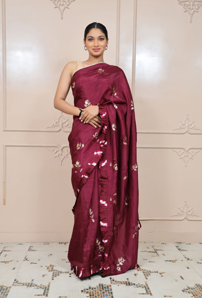 Adorable Wine Colour Floral Motif Embroidered Saree