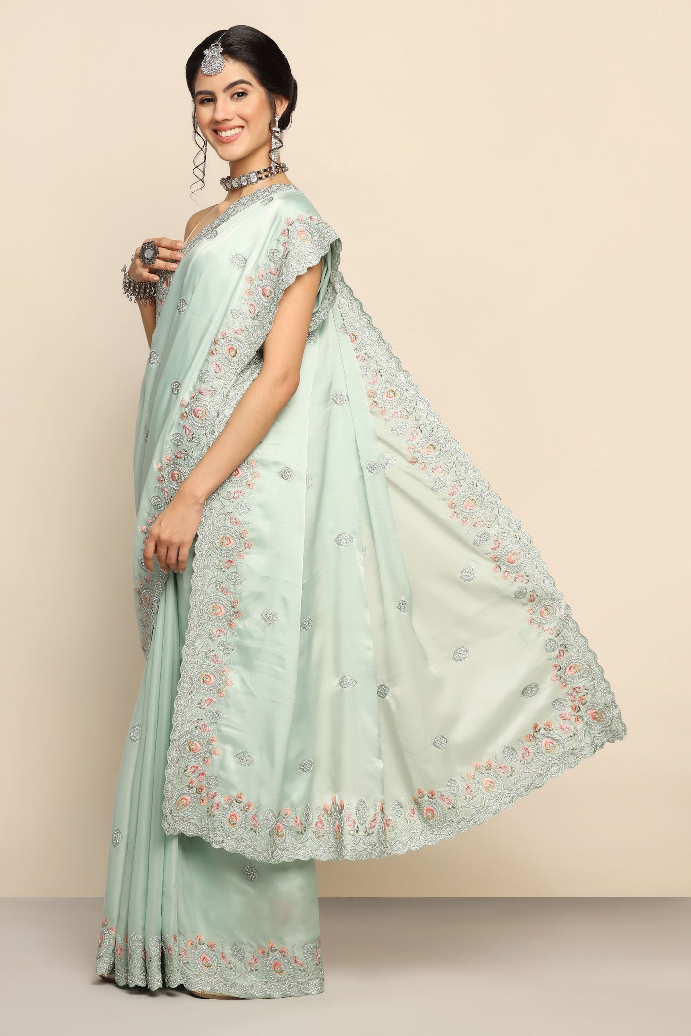 Enchanting Aqua Silk Saree with Sparkling Sequins and Intricate Thread Work