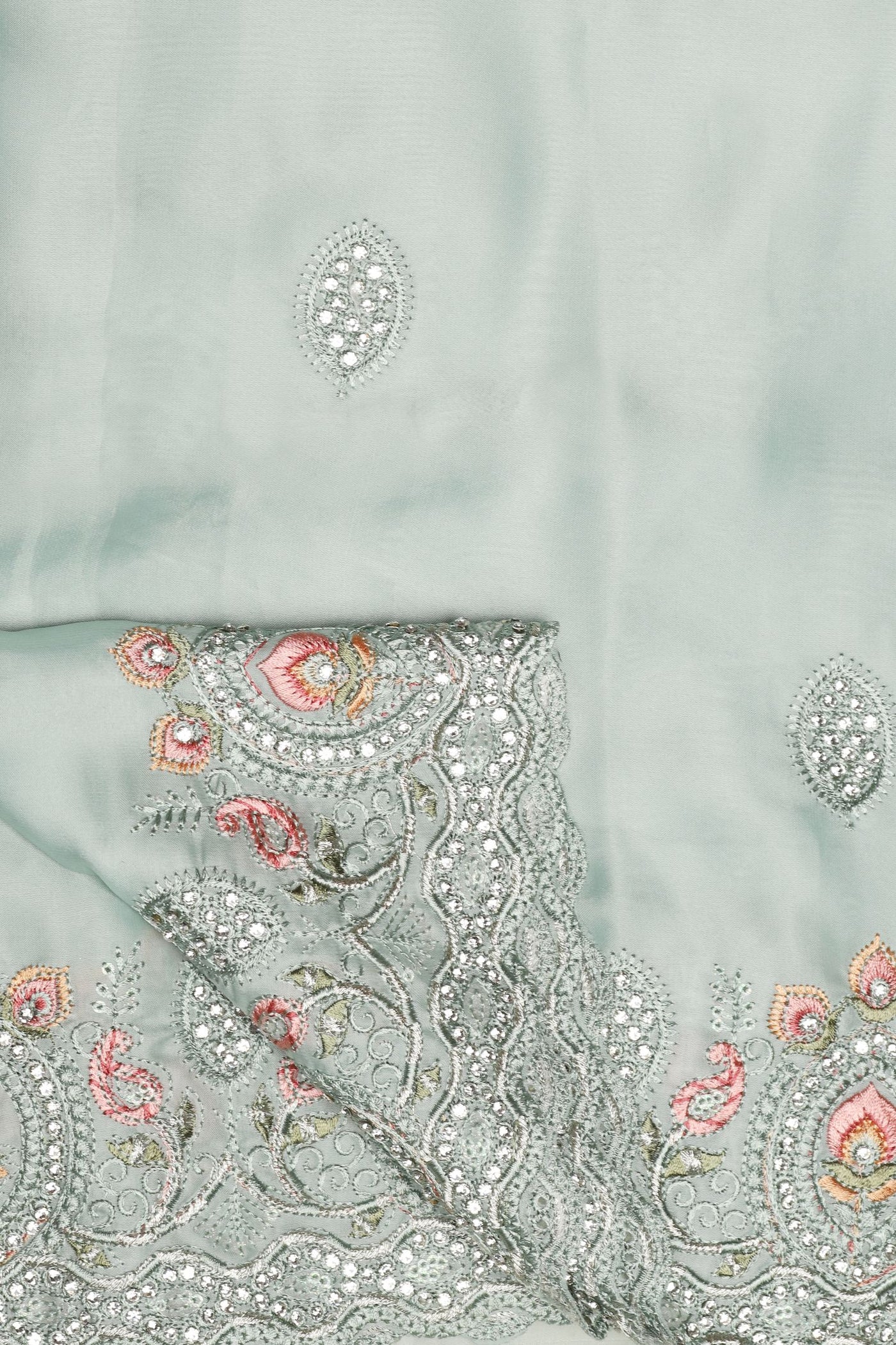 Enchanting Aqua Silk Saree with Sparkling Sequins and Intricate Thread Work