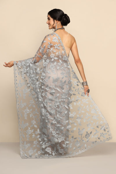 Graceful Grey Net Saree with Intricate Thread Work and Sparkling Sequins