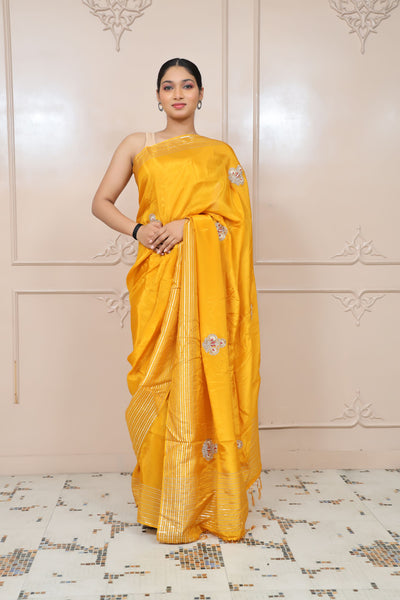 Classy Yellow Colour Floral Motif Embroidered Silk Blend Saree