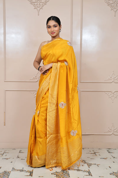 Classy Yellow Colour Floral Motif Embroidered Silk Blend Saree