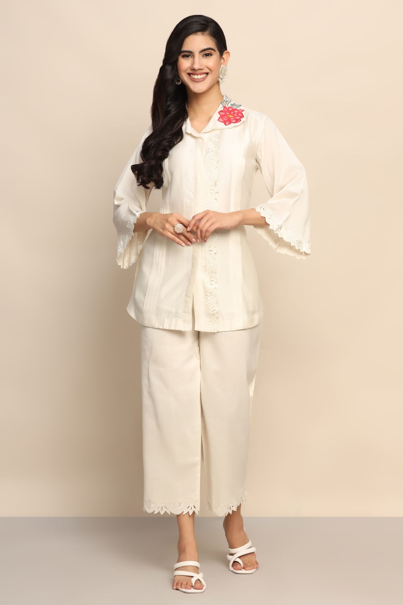 Whimsical Blossoms: White Color Co-ord Set with Patch Flower Collar