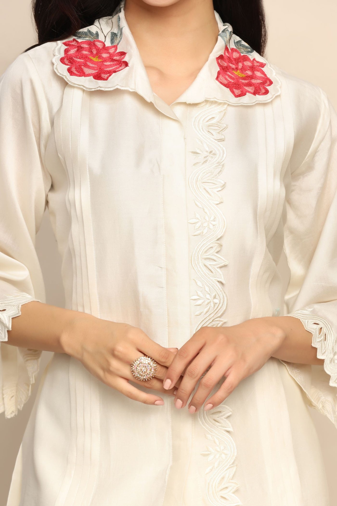 Whimsical Blossoms: White Color Co-ord Set with Patch Flower Collar