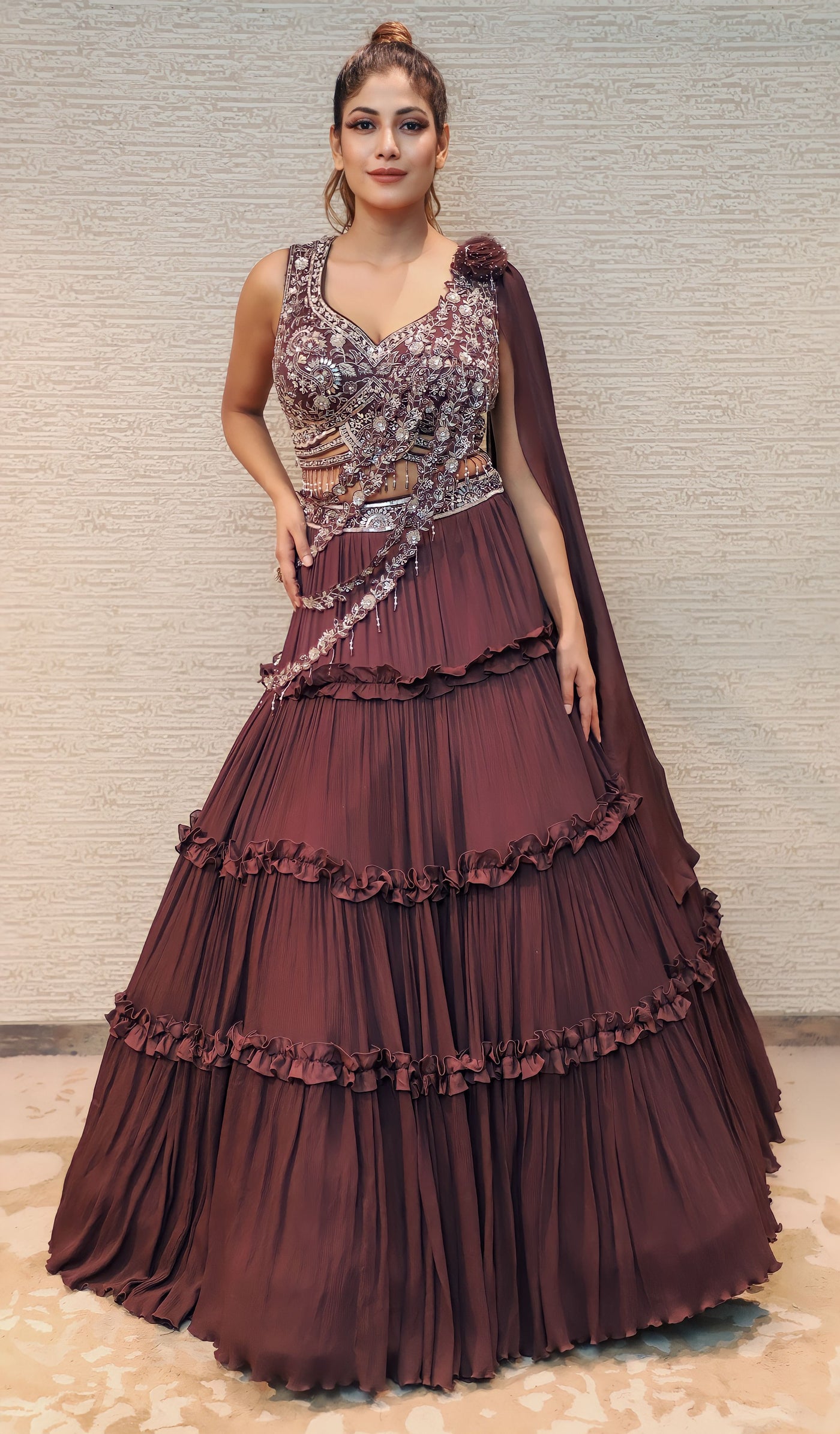 trendy wine color floral motif embroidered lehenga