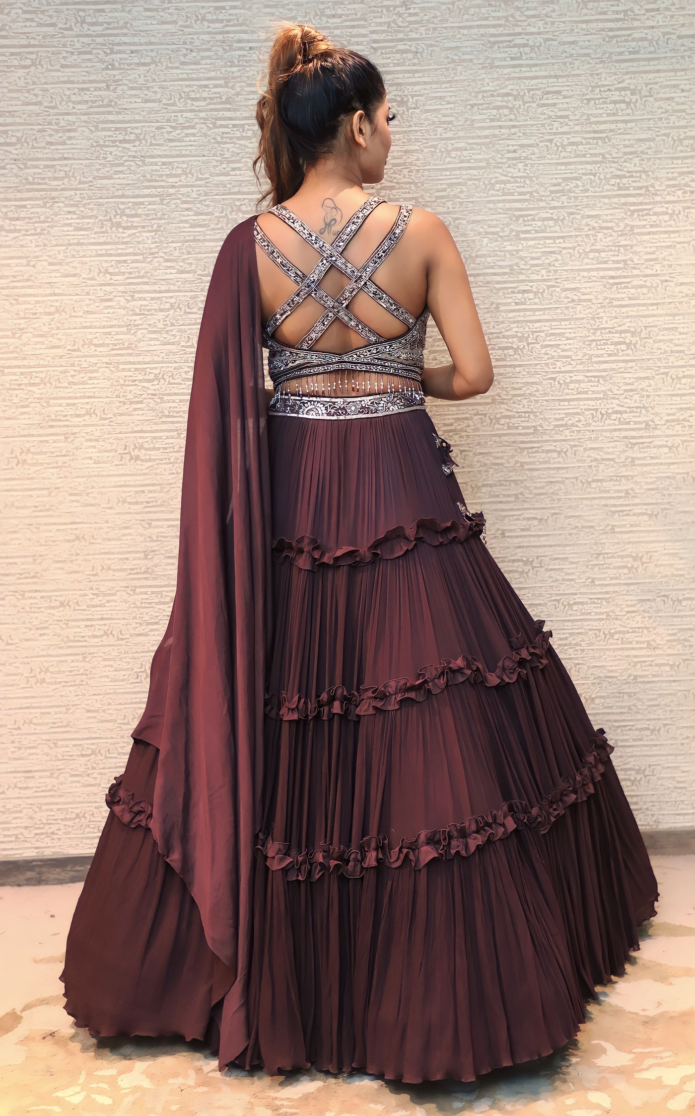 trendy wine color floral motif embroidered lehenga