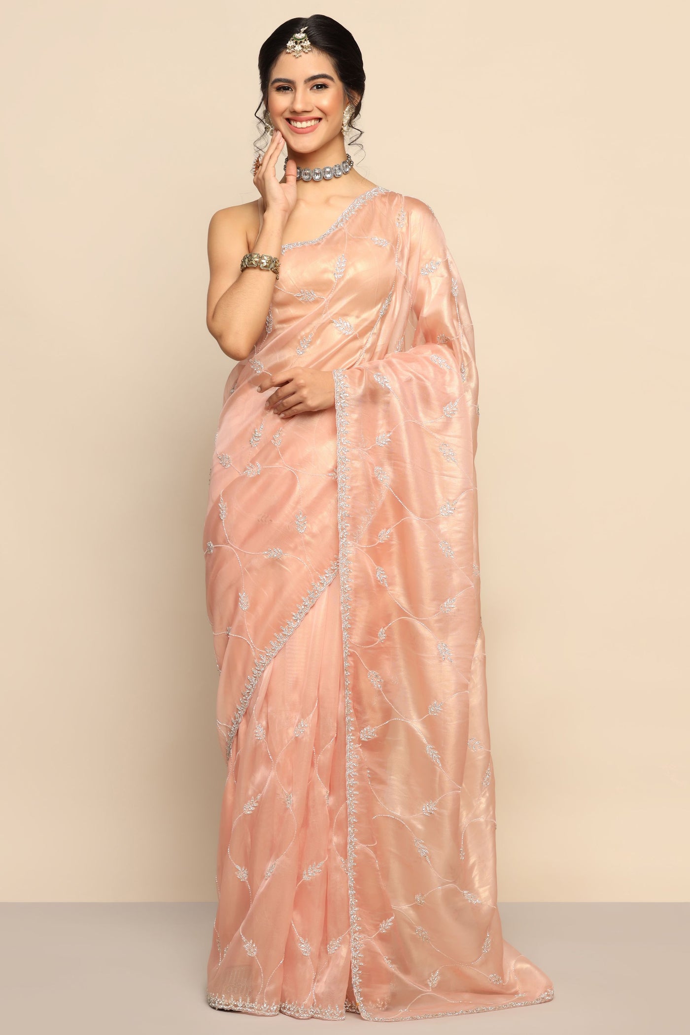 Glamorous Peach Silk Saree with Sequins and Cut Dana