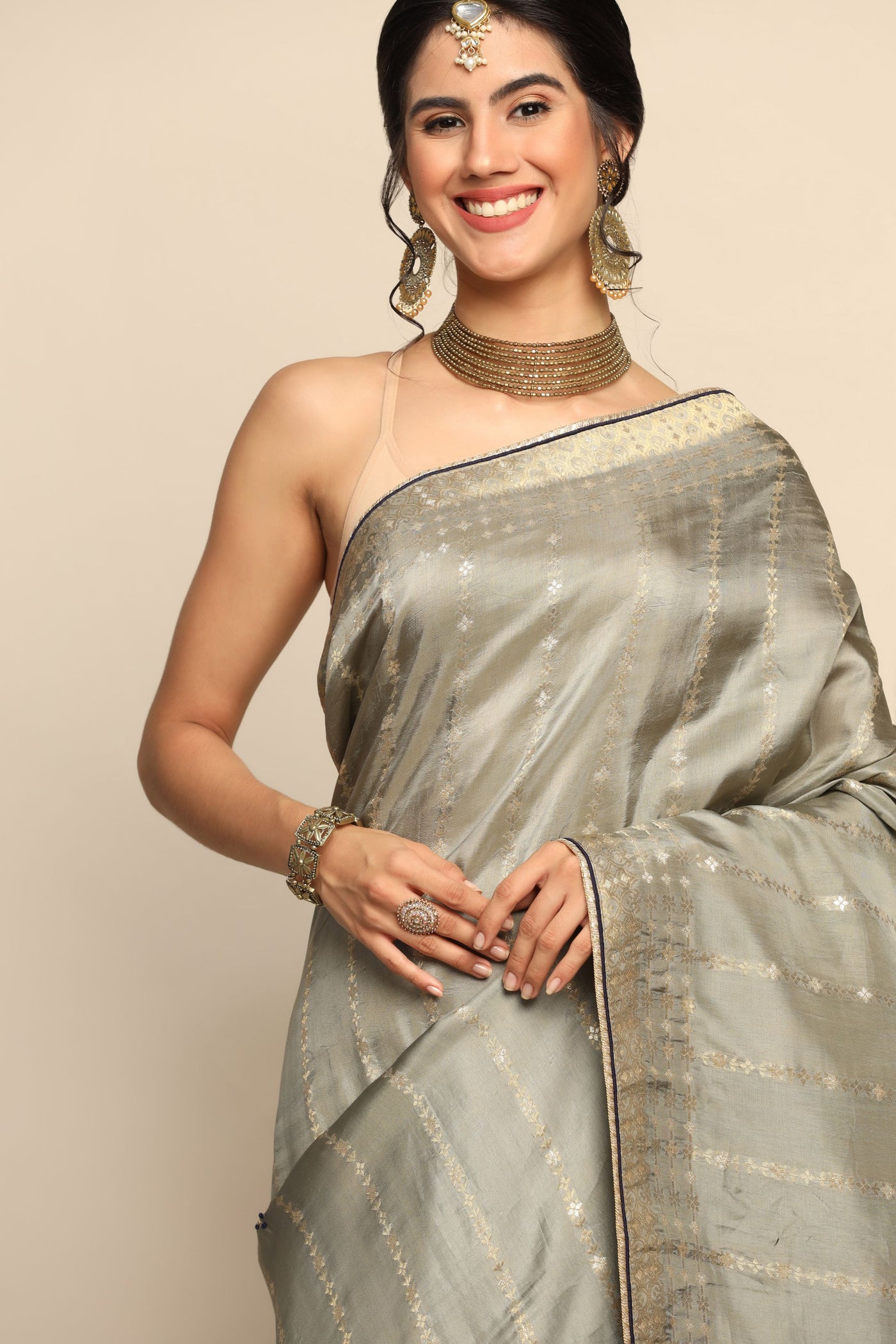 Elegant Grey Silk Saree with Flower Motif, Thread Work, and Embellishments