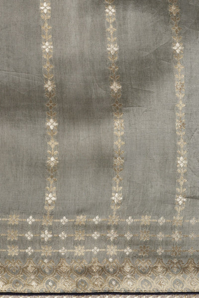Elegant Grey Silk Saree with Flower Motif, Thread Work, and Embellishments