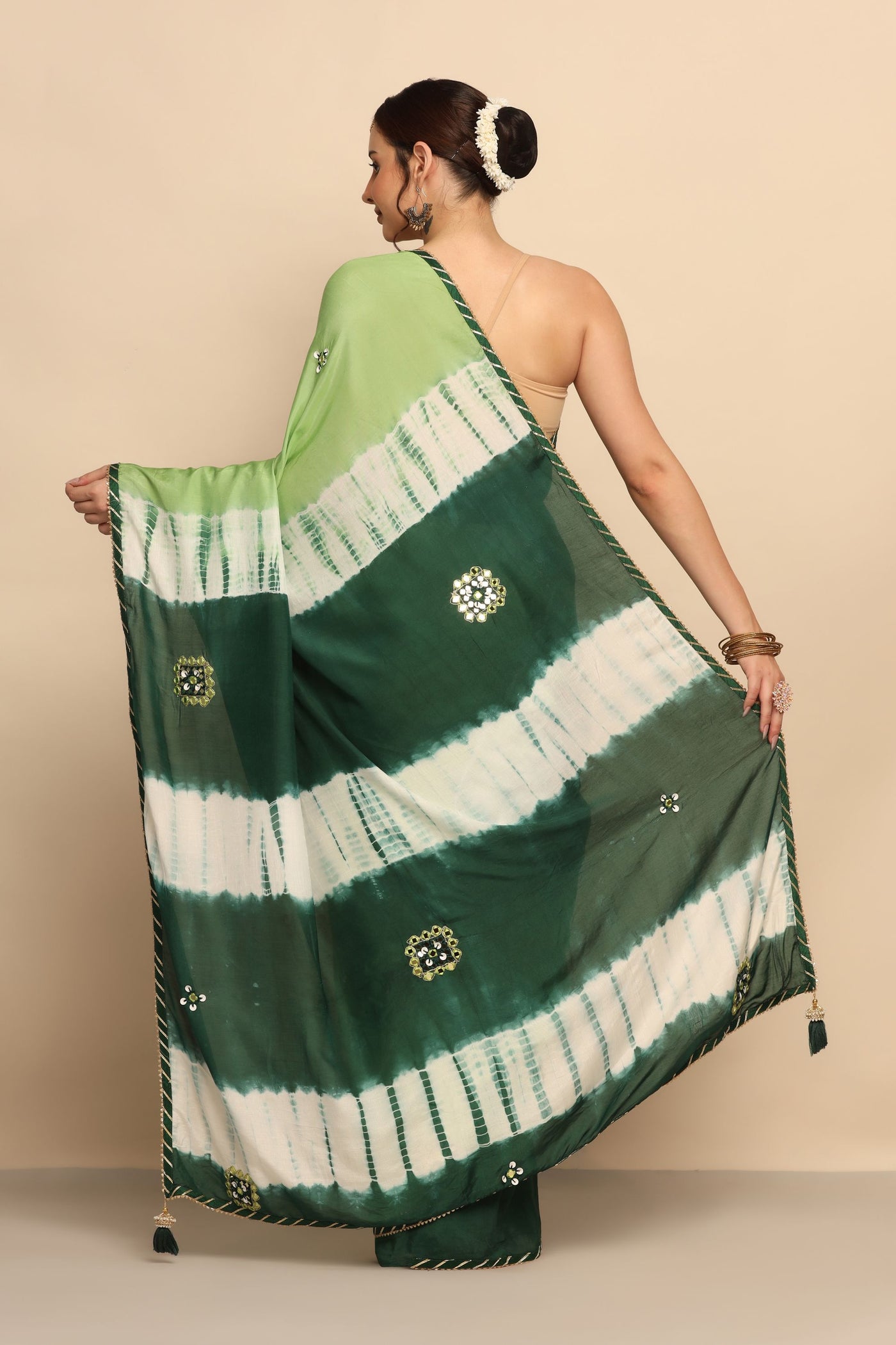Enchanting Green Silk Saree with Gota and Thread Work