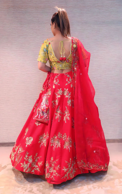 classy yellow & red color floral motif embroidered lehenga