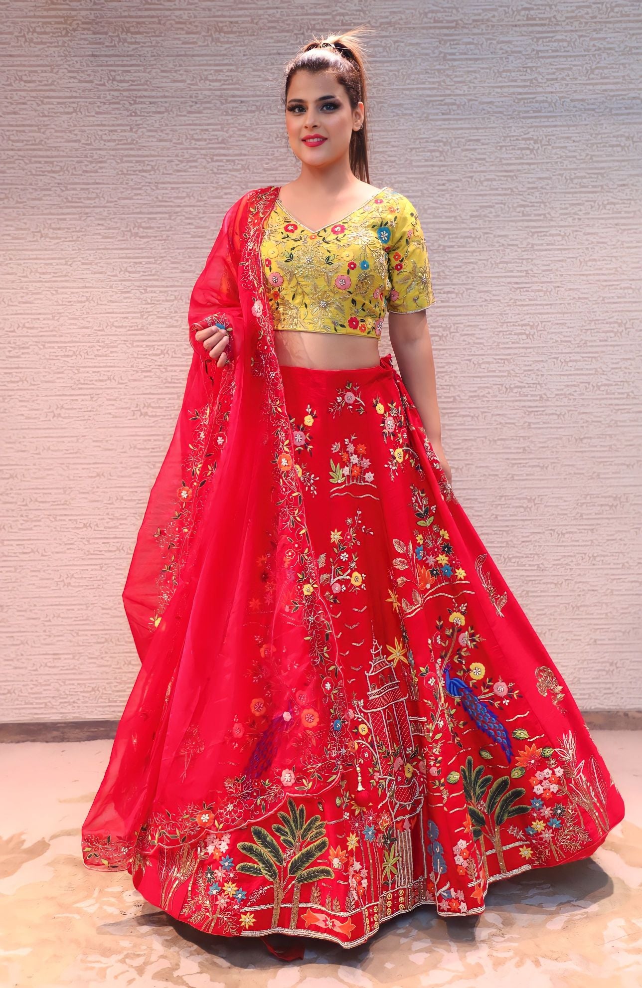 classy yellow & red color floral motif embroidered lehenga