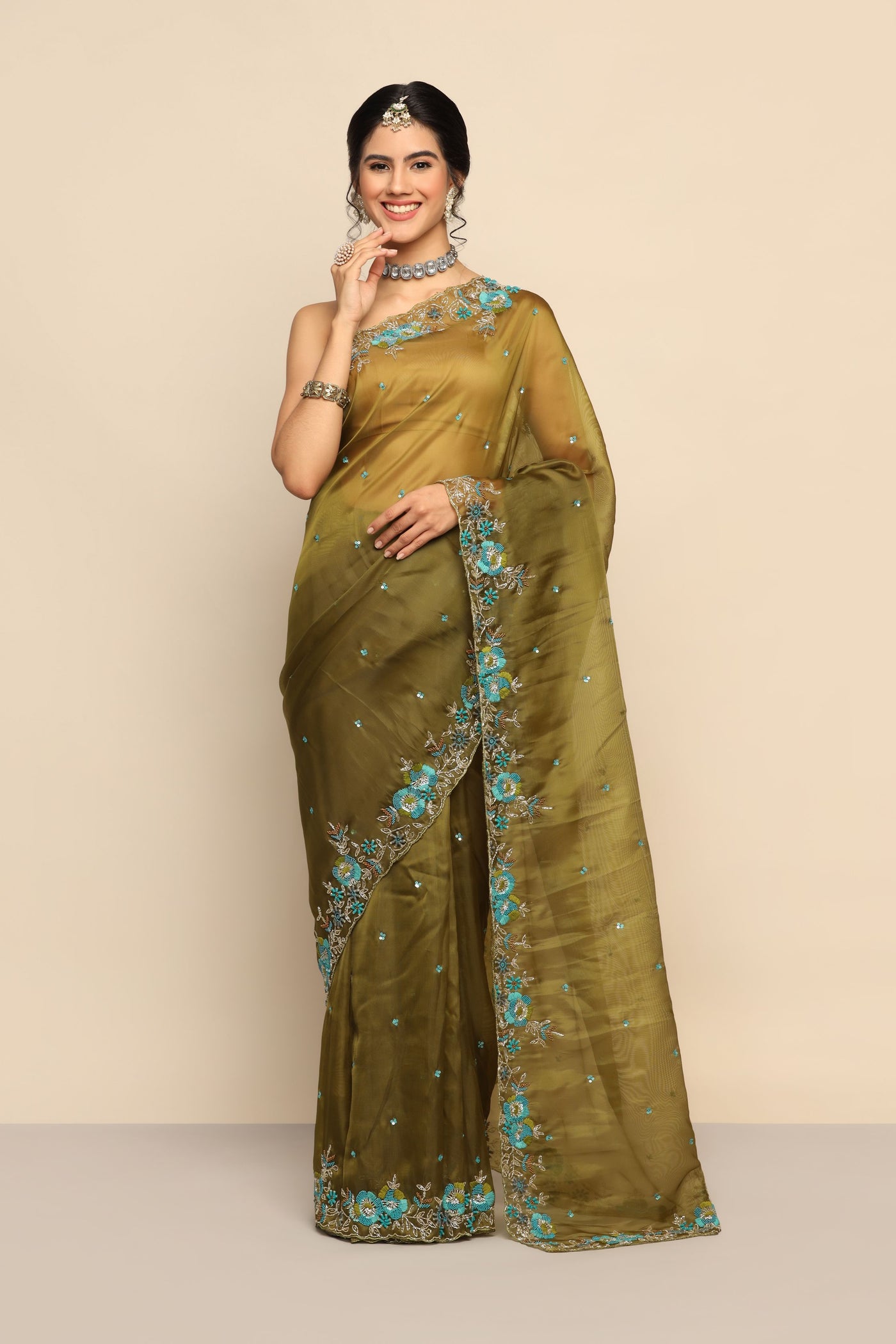 Silk Saree with blouse in Mehndi colour 87829