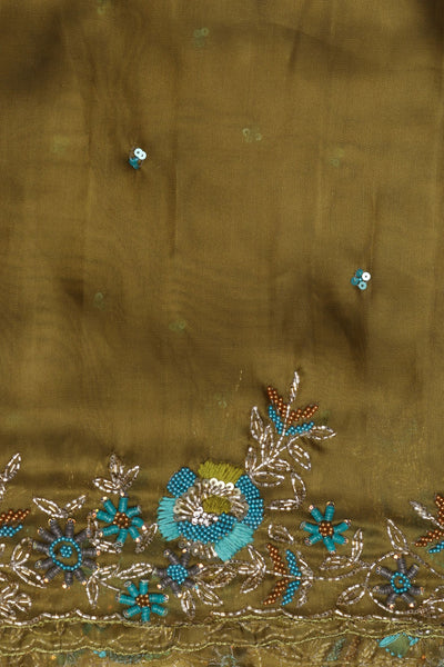 Mesmerizing Mehndi Green Organza Saree with Sequins, Moti, and Thread Work