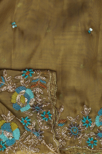 Mesmerizing Mehndi Green Organza Saree with Sequins, Moti, and Thread Work