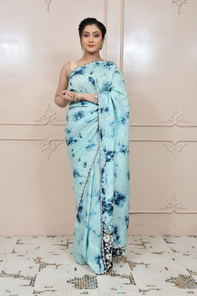 Blue Colour Tie Dye Embroidered Saree