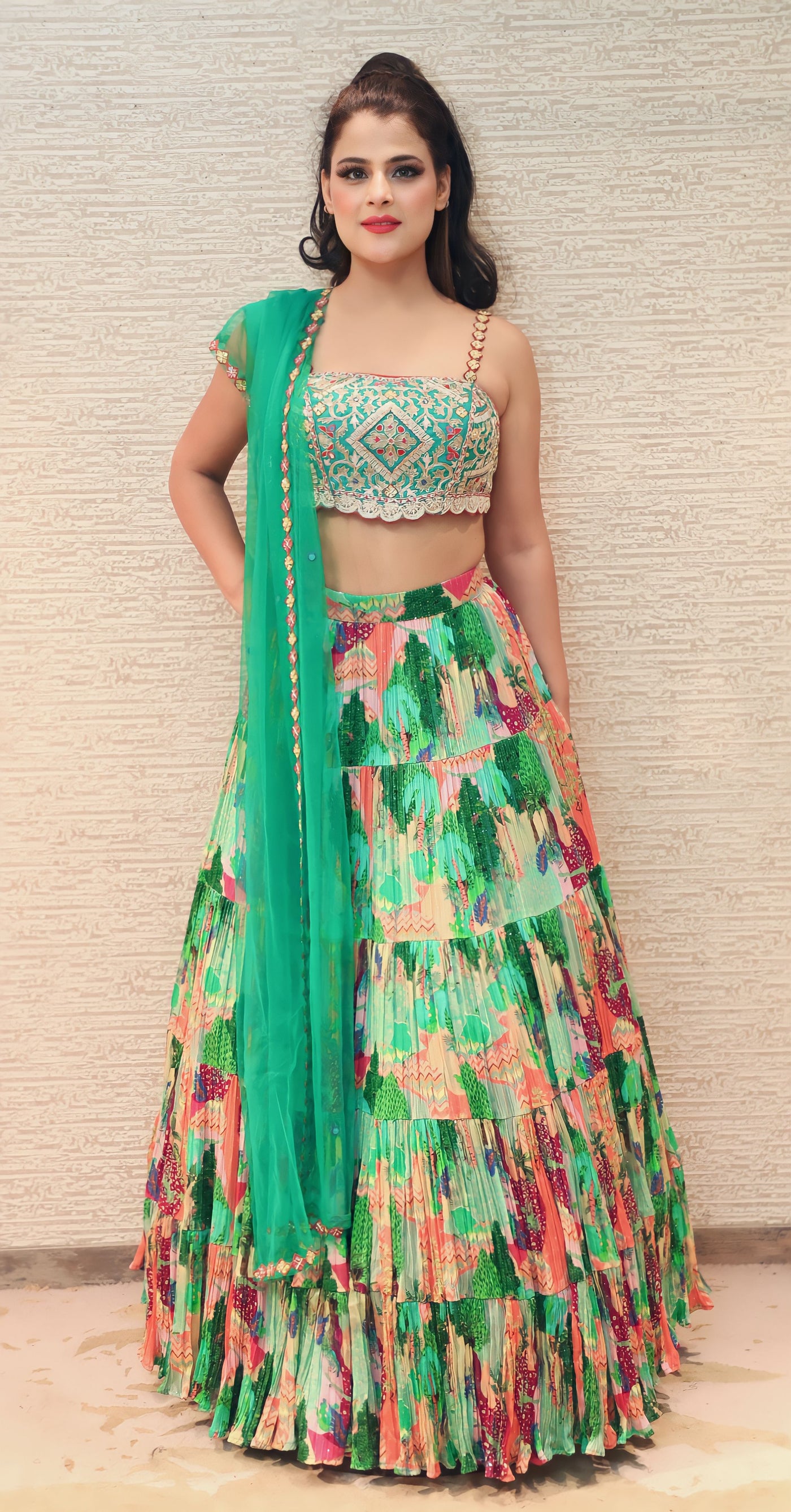 beautiful green color floral motif embroidered lehenga