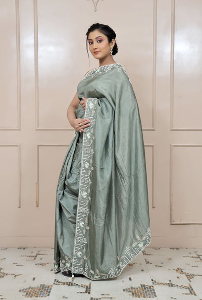 elegant grey color floral motif embroidered saree