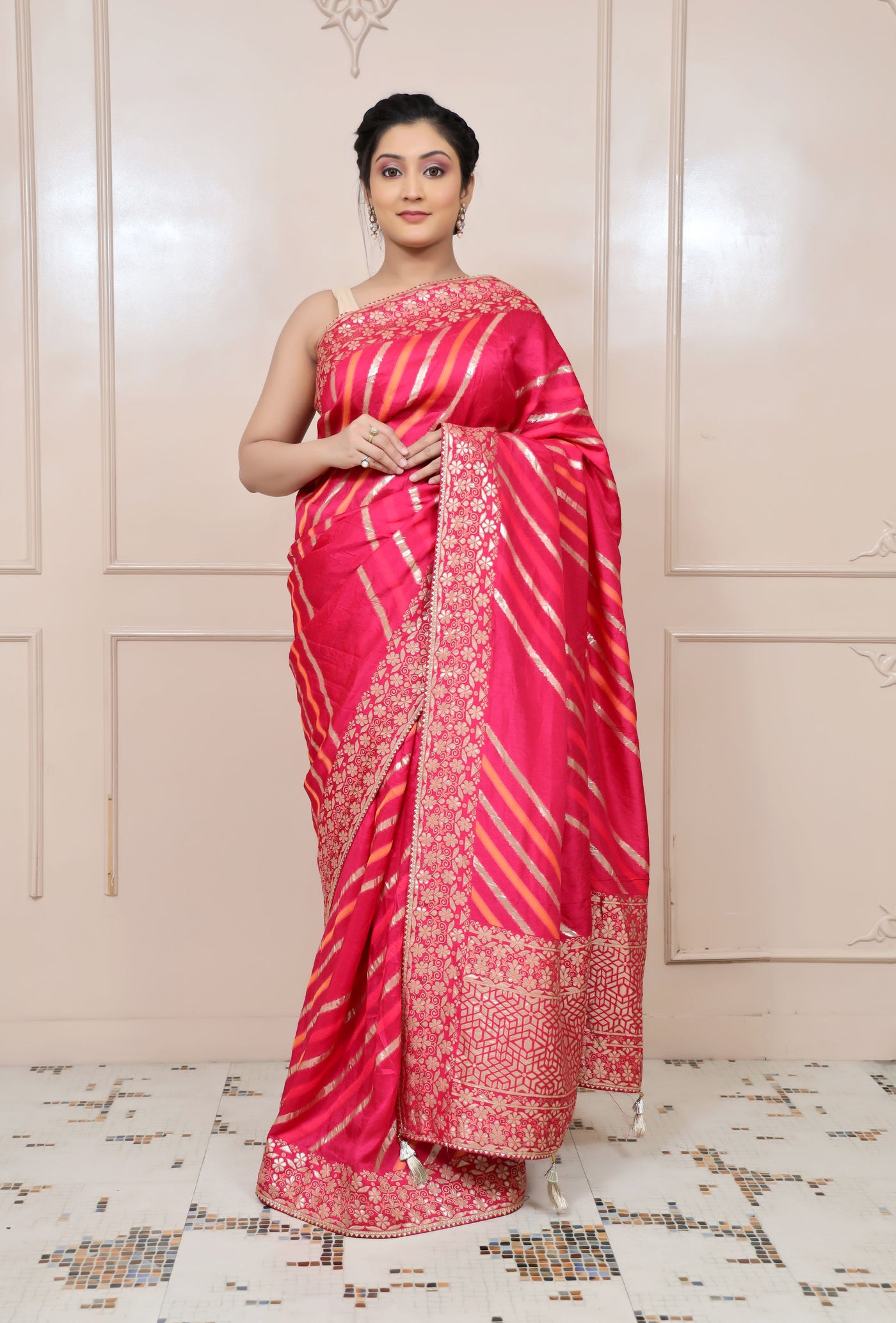 Classy dark pink color floral motif embroidered saree