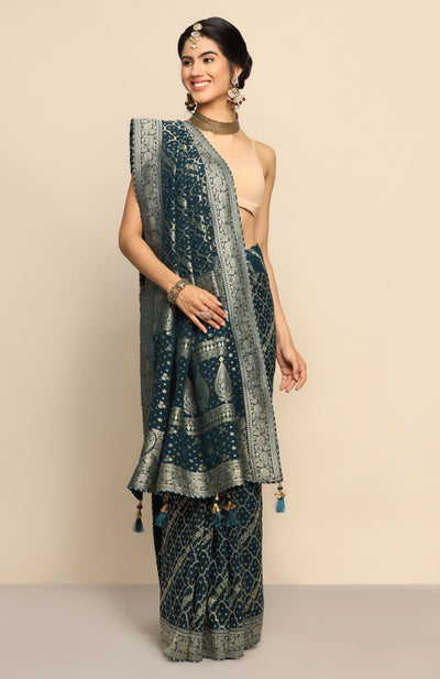 Elegant Bottle Blue Georgette Saree with Full Zari Work | Unleash Your Glamour