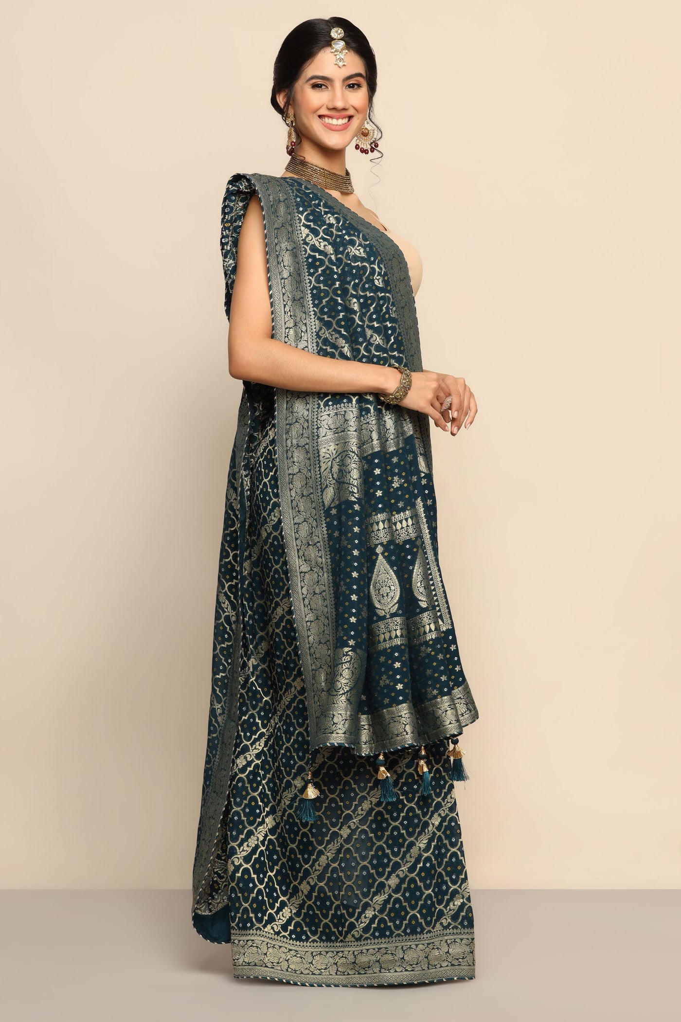 Elegant Bottle Blue Georgette Saree with Full Zari Work | Unleash Your Glamour
