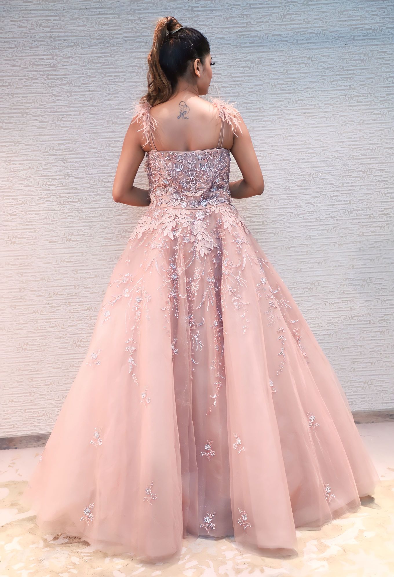 classic peach color floral motif embroidered gown